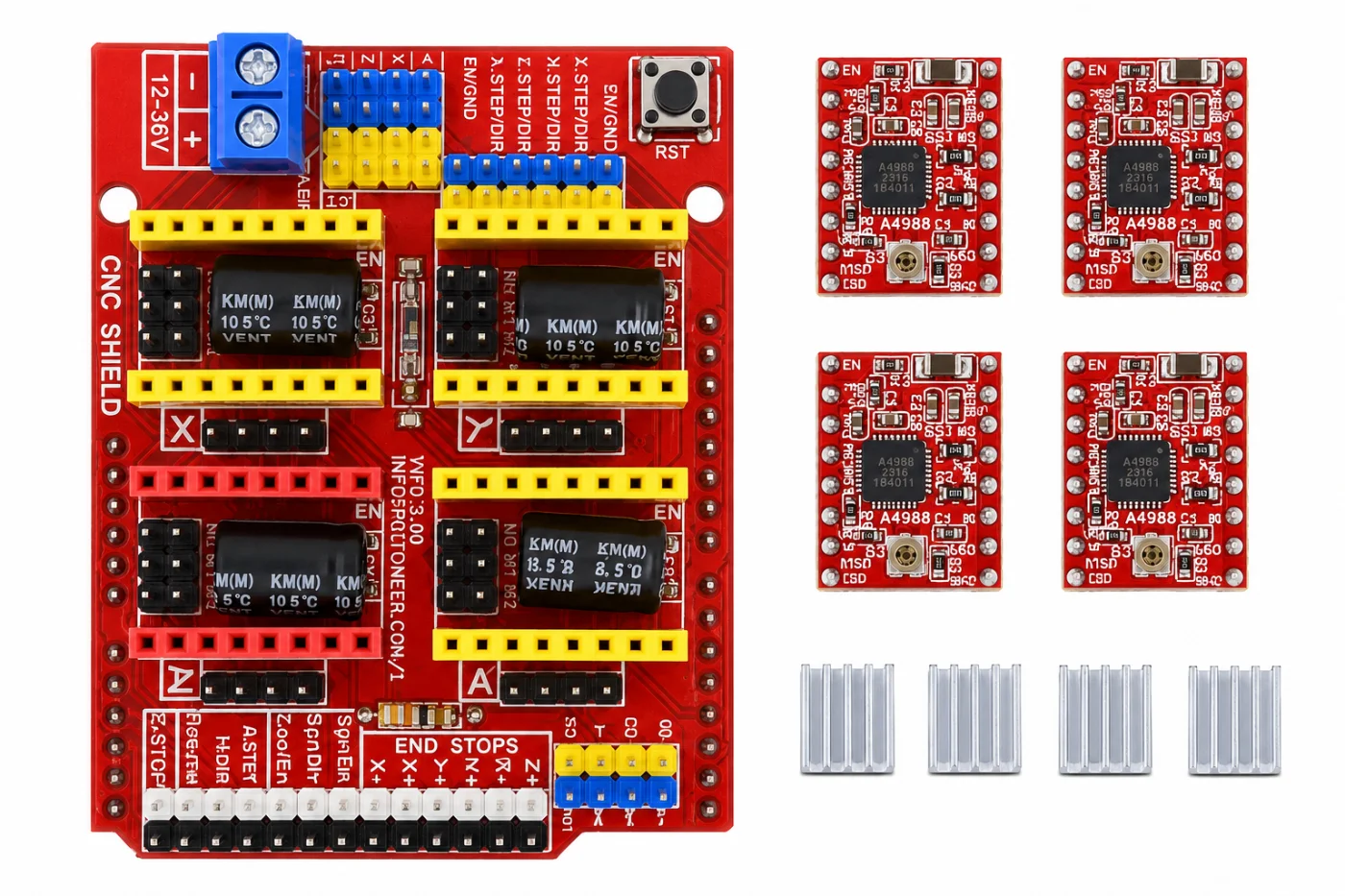 CNC Shield V3 Expansion Board with 4pcs A4988 Stepper Motor Drivers for Arduino CNC, 3D Printer & Engraving Machine