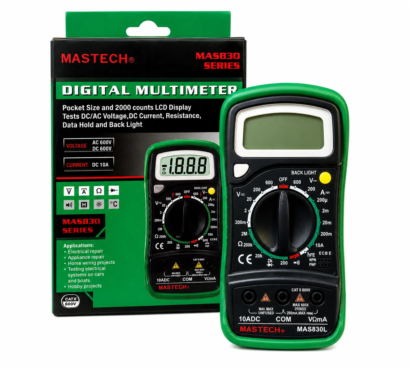 Mastech MAS830 Digital Multimeter | AC/DC Voltage, Current & Resistance Tester with LCD Display
